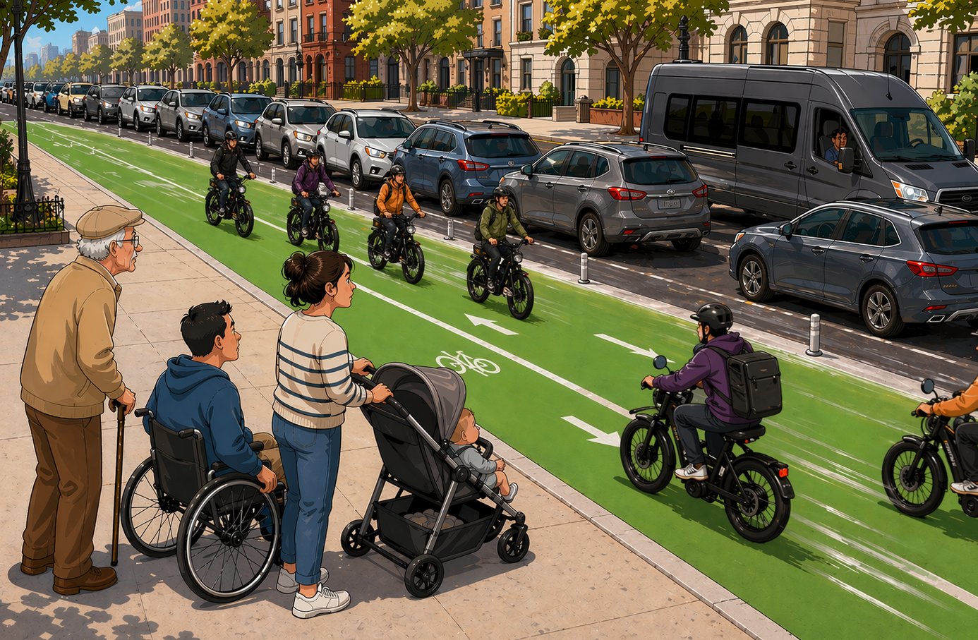 Illustration of West 72nd Street under the proposed DOT plan. An elderly man with a cane, a young man in a wheelchair, and a mother pushing a stroller with a baby stand on the north sidewalk, looking out at heavy traffic. Immediately in front of them, two green-painted bike lanes run in opposite directions with multiple e-bike riders speeding past. Beyond the bike lanes, a tightly parked row of cars fills the curb lane. A dark grey van waits in the travel lane on the far side to pick them up. Pre-war Upper West Side buildings and trees line the block.
