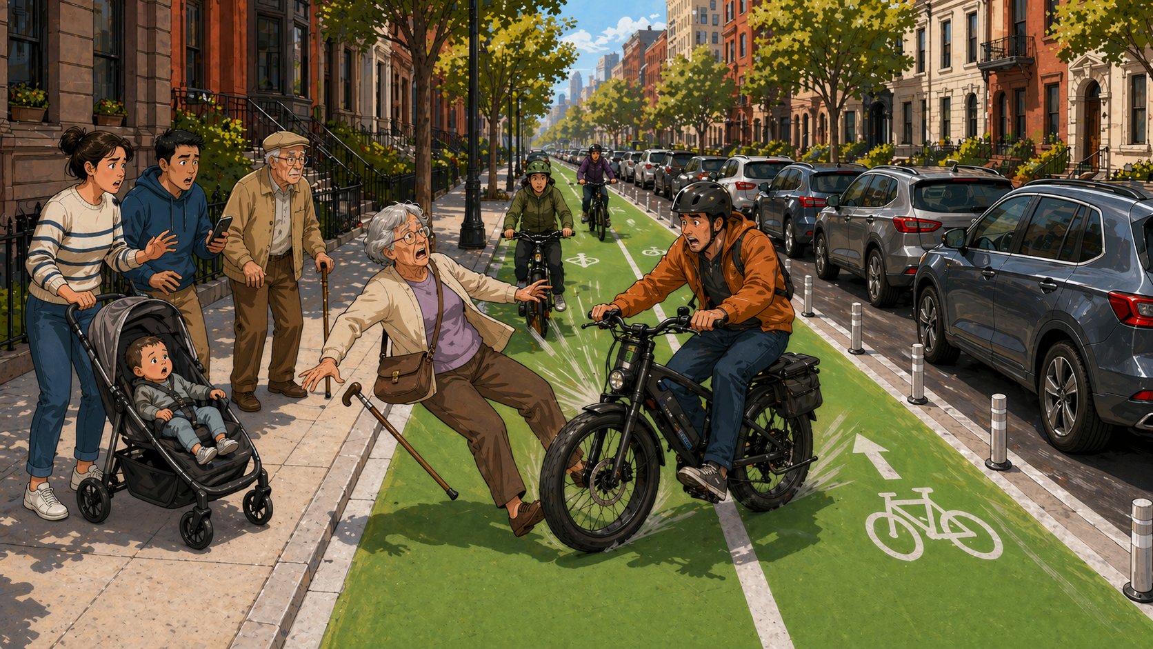 Illustration of an elderly woman being struck by a speeding e-bike rider in a green bike lane. Her cane has fallen to the ground. Neighbors on the sidewalk — a mother with a baby in a stroller, a young man holding a phone, and an older man — watch in horror.