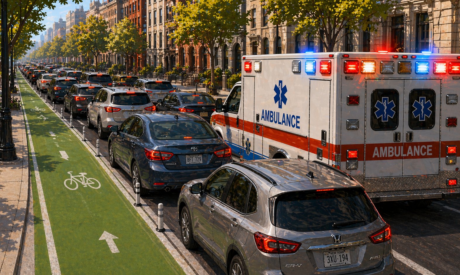 Illustration of an FDNY or EMS vehicle stuck behind a double-parked delivery truck or idling rideshare on West 72nd Street, unable to pass on a narrow single-lane roadway.